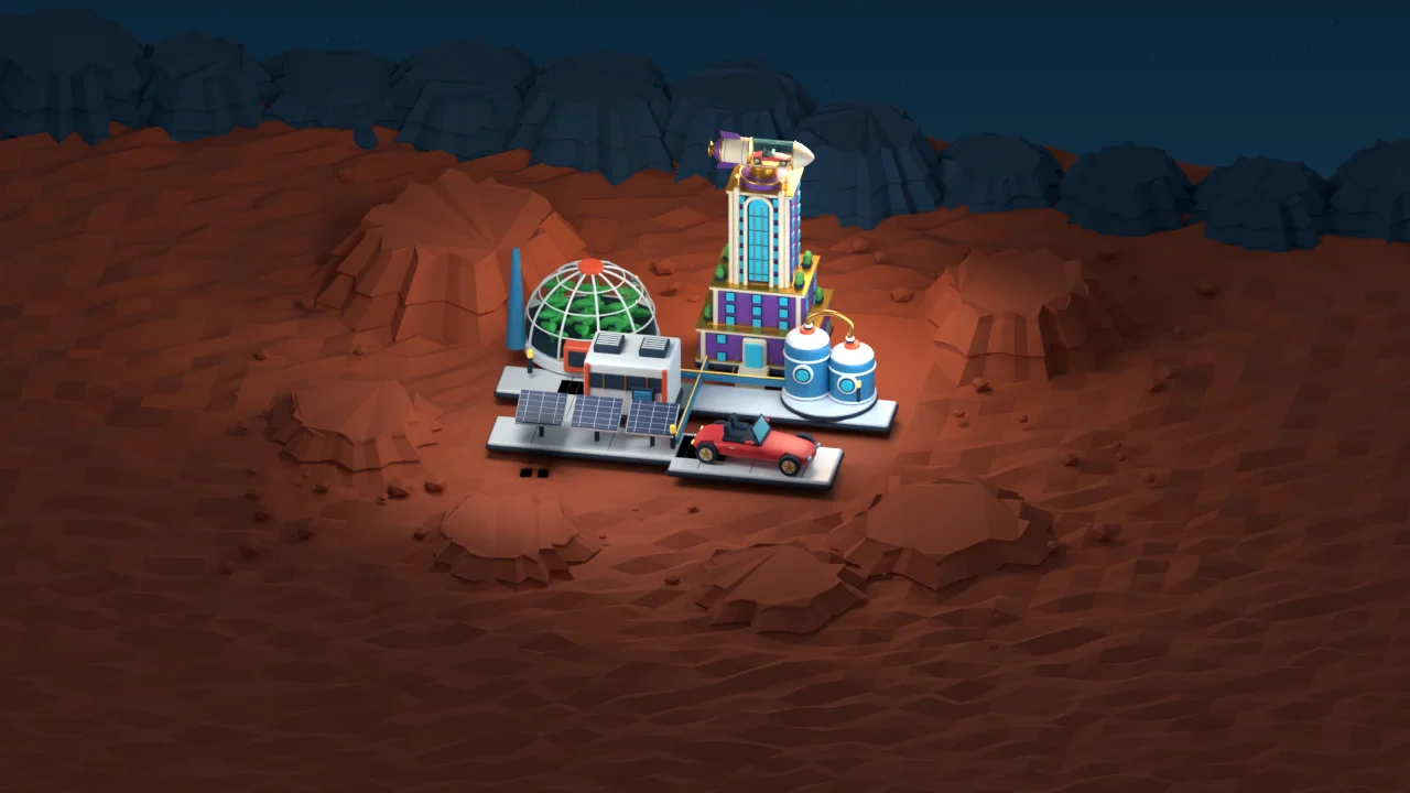 TERATORN game artwork showing a Martian settlement with a greenhouse, solar panels, and a tower
